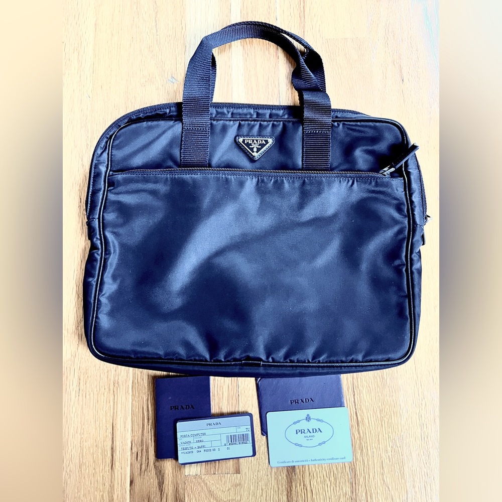 Prada Tessuto Saffi Laptop Bag black nylon handbag with cards and tags Unisex